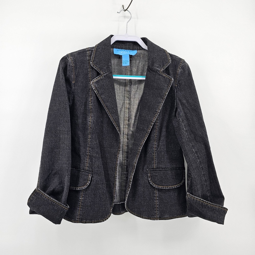 Doncaster Sport Denim Blazer Women 4 Black Dark Wash Stretch Open Front Jacket